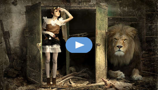 a young woman coming out of the closet to face the lion in the shadows