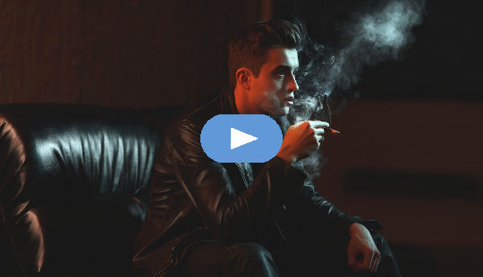 young man sitting in a dark room, smoking