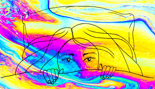 outline of a woman's face looking out from under the blankets with a background kaleidoscope of colors
