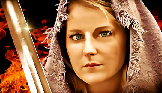 a female warrior holding a shining sword