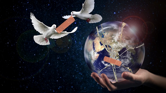 birds of peace (doves) placing band-aids on a damaged and cracked Planet Earth