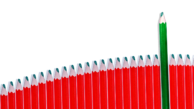 a green pencil standing out in the midst of a row of red pencils