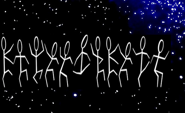 stick figures dancing in front of a starry sky