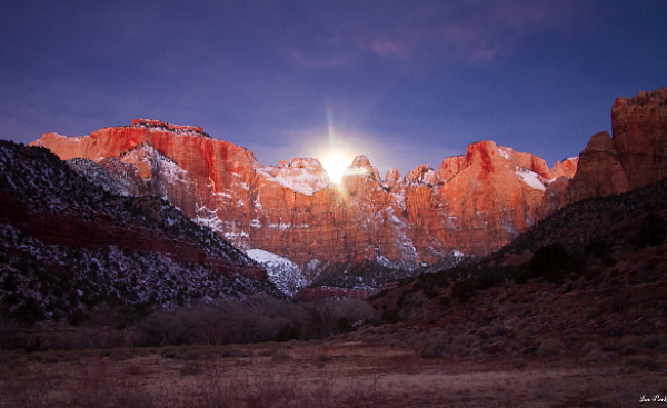 Moonset before sunrise, Towers of the Virgin, Zion Canyon, by Ian Parker